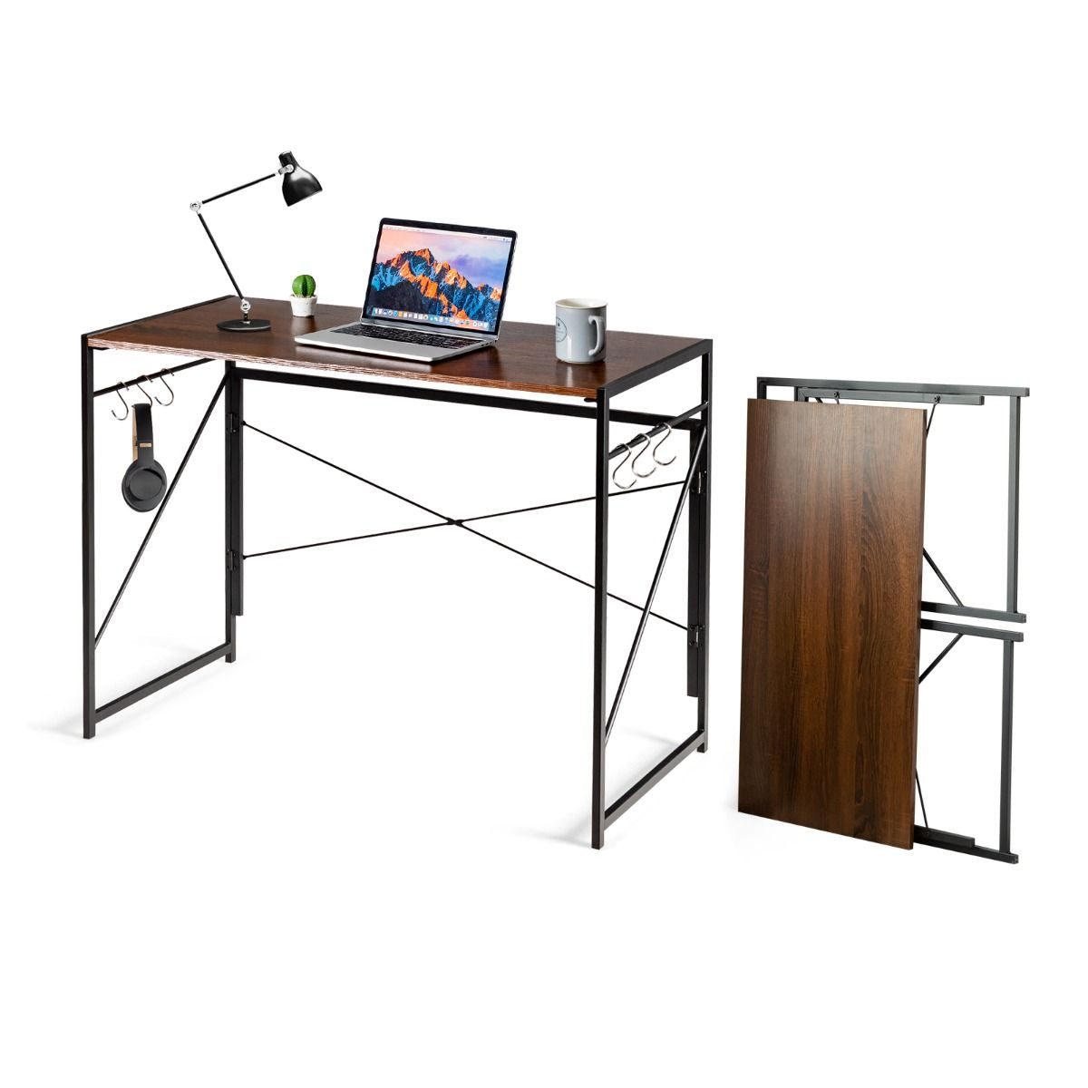 Bureau D'Ordinateur Pliant 100X50X75 Cm Table De Bureau Cadre En Métal 6 Crochets En Forme De S Style Industriel Capacité 115Kg Noir/Café/Marron