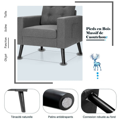 Fauteuil De Salon 1 Personne Avec Profondeur D'Assise 53Cm Canapé 1 Place Avec Pieds Bois D’Hévéa Pour Chambre Salon Bureau 81*67*86Cm Bleu/Beige/Gris