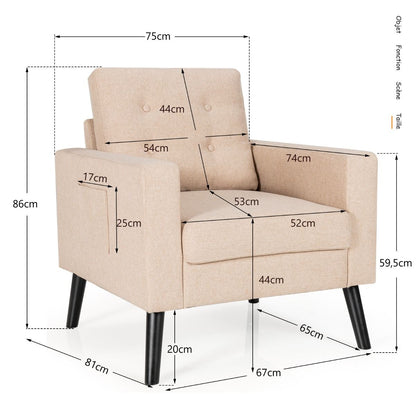 Fauteuil De Salon 1 Personne Avec Profondeur D'Assise 53Cm Canapé 1 Place Avec Pieds Bois D’Hévéa Pour Chambre Salon Bureau 81*67*86Cm Bleu/Beige/Gris