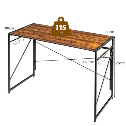 Bureau D'Ordinateur Pliant 100X50X75 Cm Table De Bureau Cadre En Métal 6 Crochets En Forme De S Style Industriel Capacité 115Kg Noir/Café/Marron