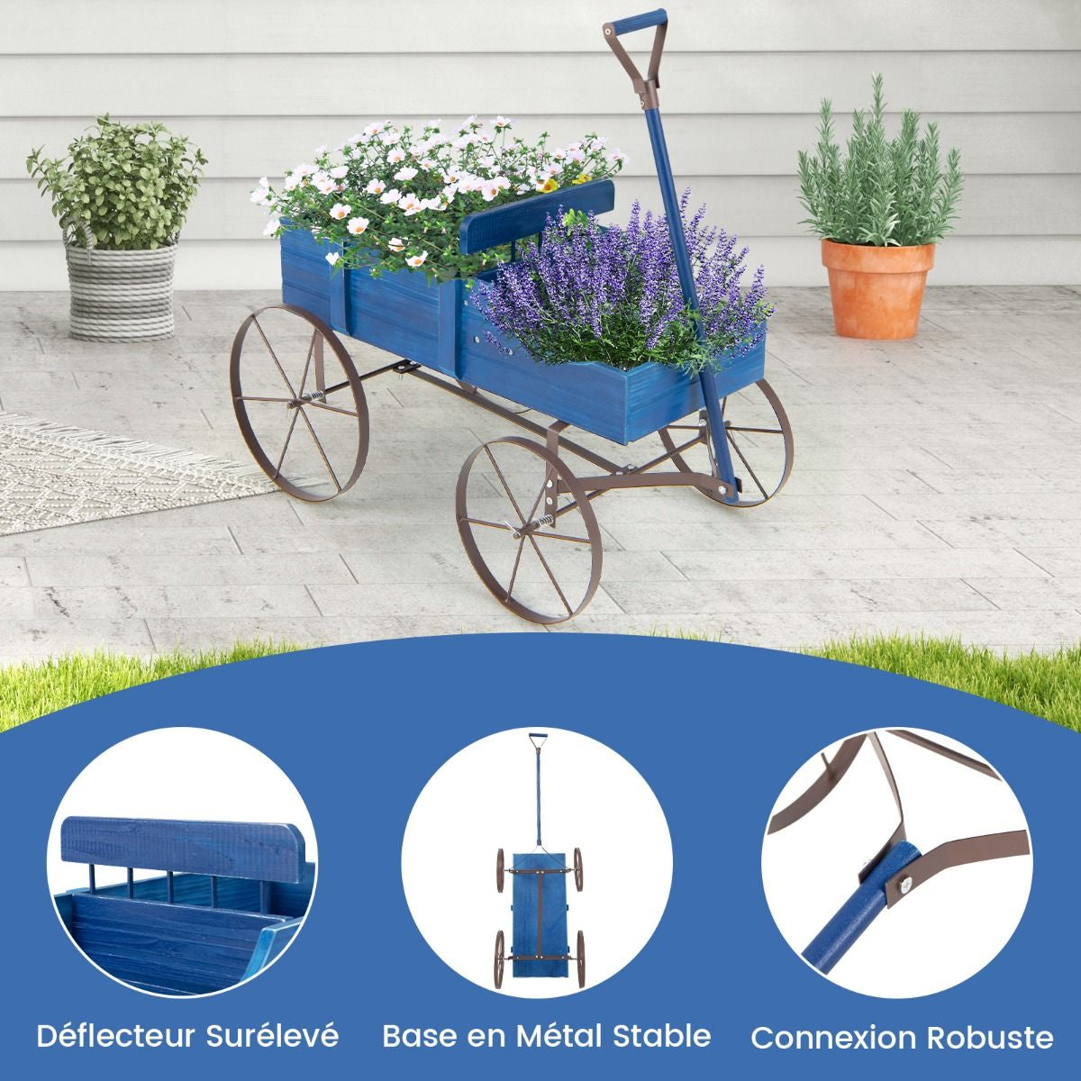 Brouette Décorative En Bois Avec 2 Compartiments À Planter Roues Métalliques Poignée Charge 15Kg Pour Cour Bleu/Café/Gris/Rouge/Vert