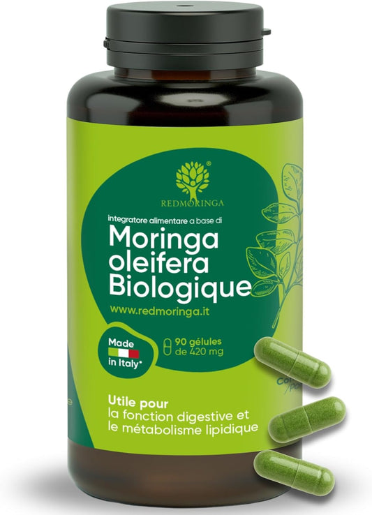 Moringa Bio | La Seule Moringa Biologique Produite En Italie | Véganes Sans Additifs | Super Antioxydant Riche En Vitamines Et Protéines Végétales | Haute Qualité  | 90 Gélules