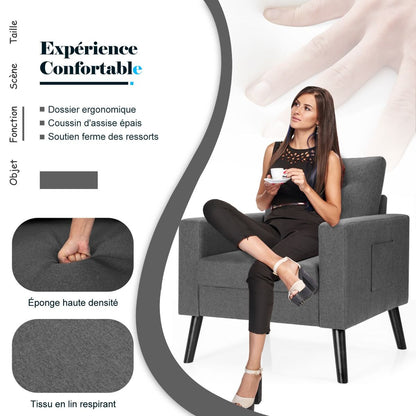 Fauteuil De Salon 1 Personne Avec Profondeur D'Assise 53Cm Canapé 1 Place Avec Pieds Bois D’Hévéa Pour Chambre Salon Bureau 81*67*86Cm Bleu/Beige/Gris